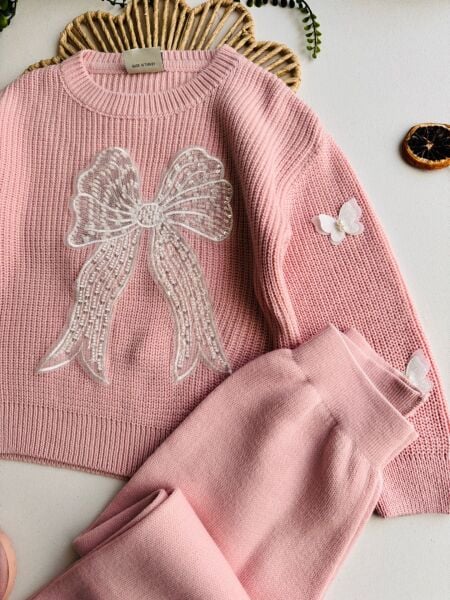 Kelebek aplikeli triko takım Pembe