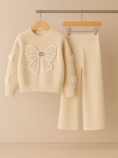 Kelebek aplikeli triko takım krem