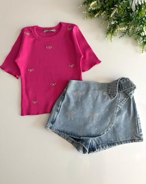 Fiyonk taş detaylı şort etek takım