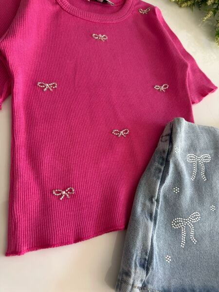 Fiyonk taş detaylı şort etek takım