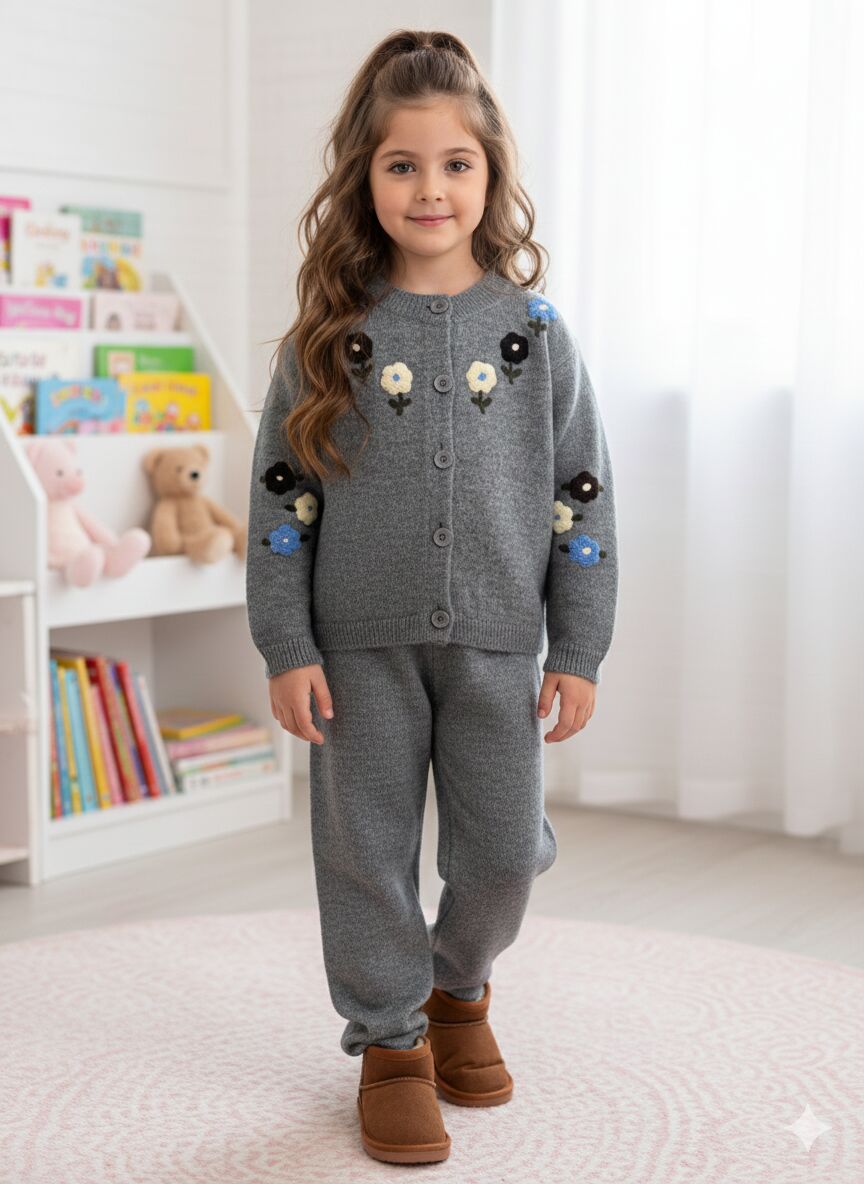 Çiçek işlemeli triko takım gri
