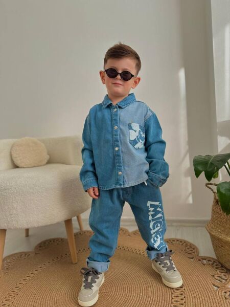 Denim Mickey baskılı erkek takım