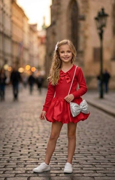 Balon kırmızı elbise (toka ve çanta dahil)