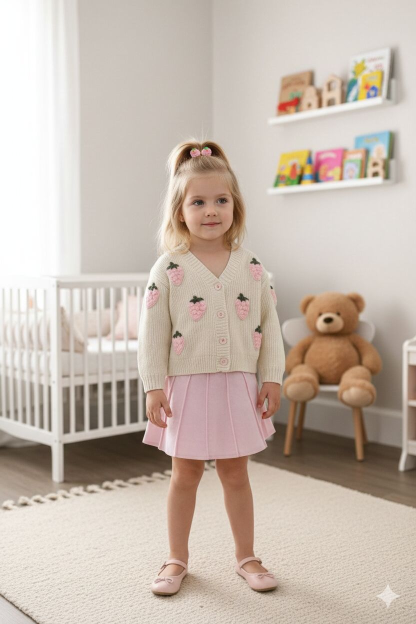 Çilek aplikeli triko etekli takım