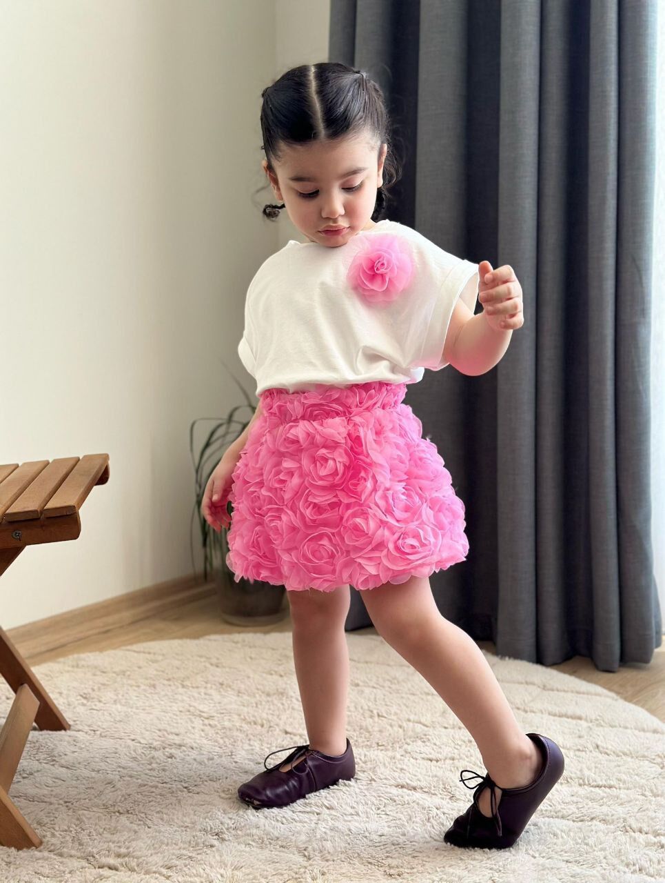 Gül detaylı balon etek takim Pembe