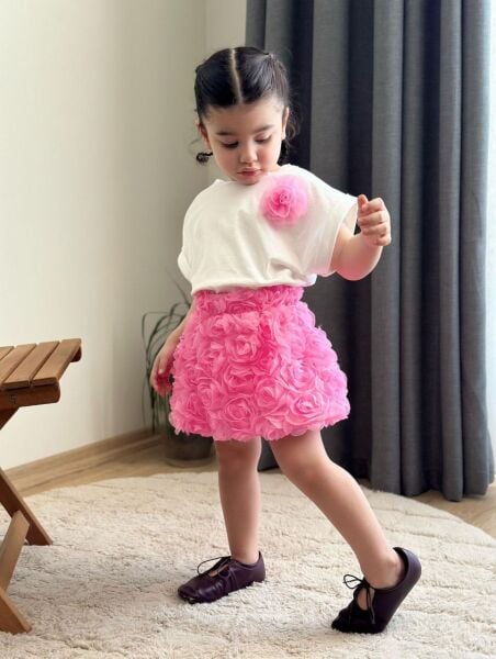 Gül detaylı balon etek takim Pembe