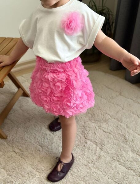 Gül detaylı balon etek takim Pembe