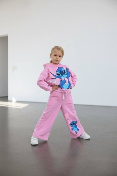 Stitch kapşonlu iki iplik takım pembe