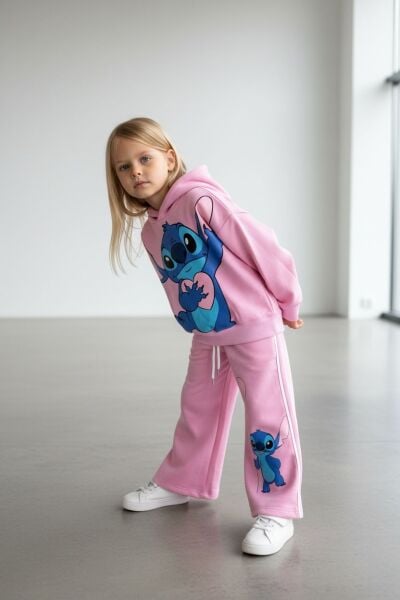 Stitch kapşonlu iki iplik takım pembe