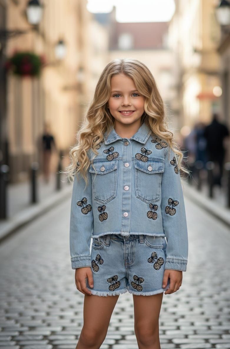 Kirazlı leopar denim takım