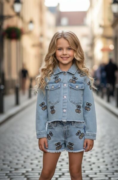 Kirazlı leopar denim takım