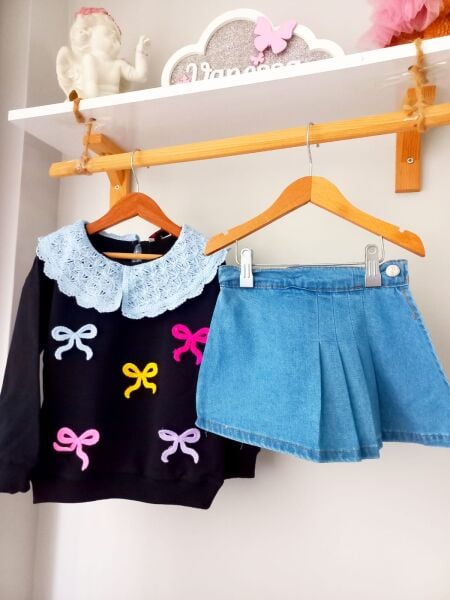Fiyonk sweat & denim şort etekli takım