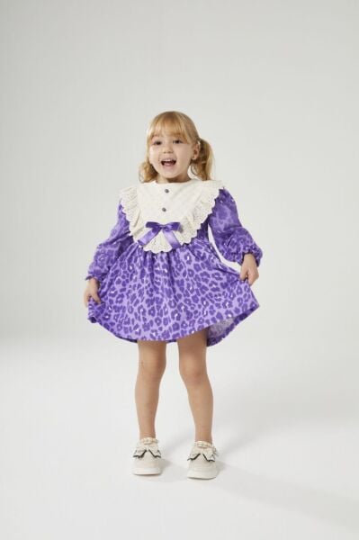 Fisto detaylı leopar elbise mor