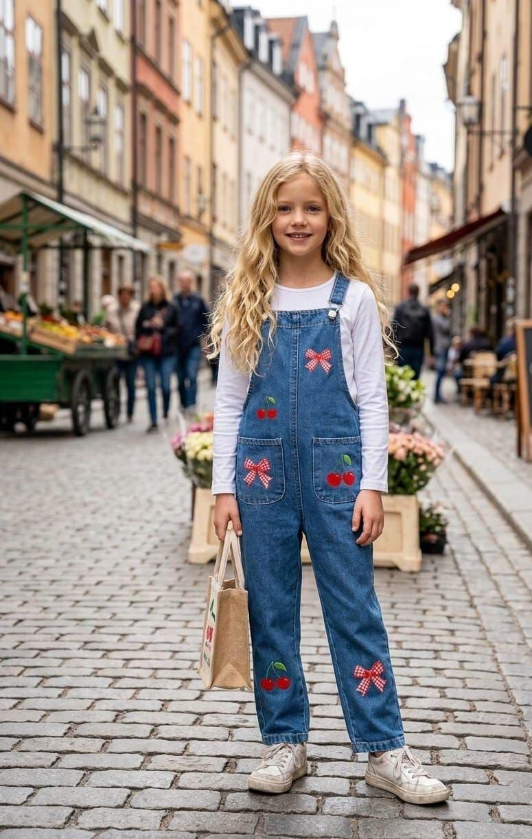 Kiraz baskılı denim salopet