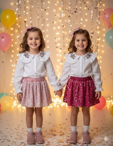 Yaka nakış detaylı payet etekli takım pudra