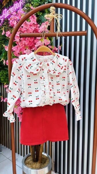 Kiraz detaylı denim etek takım