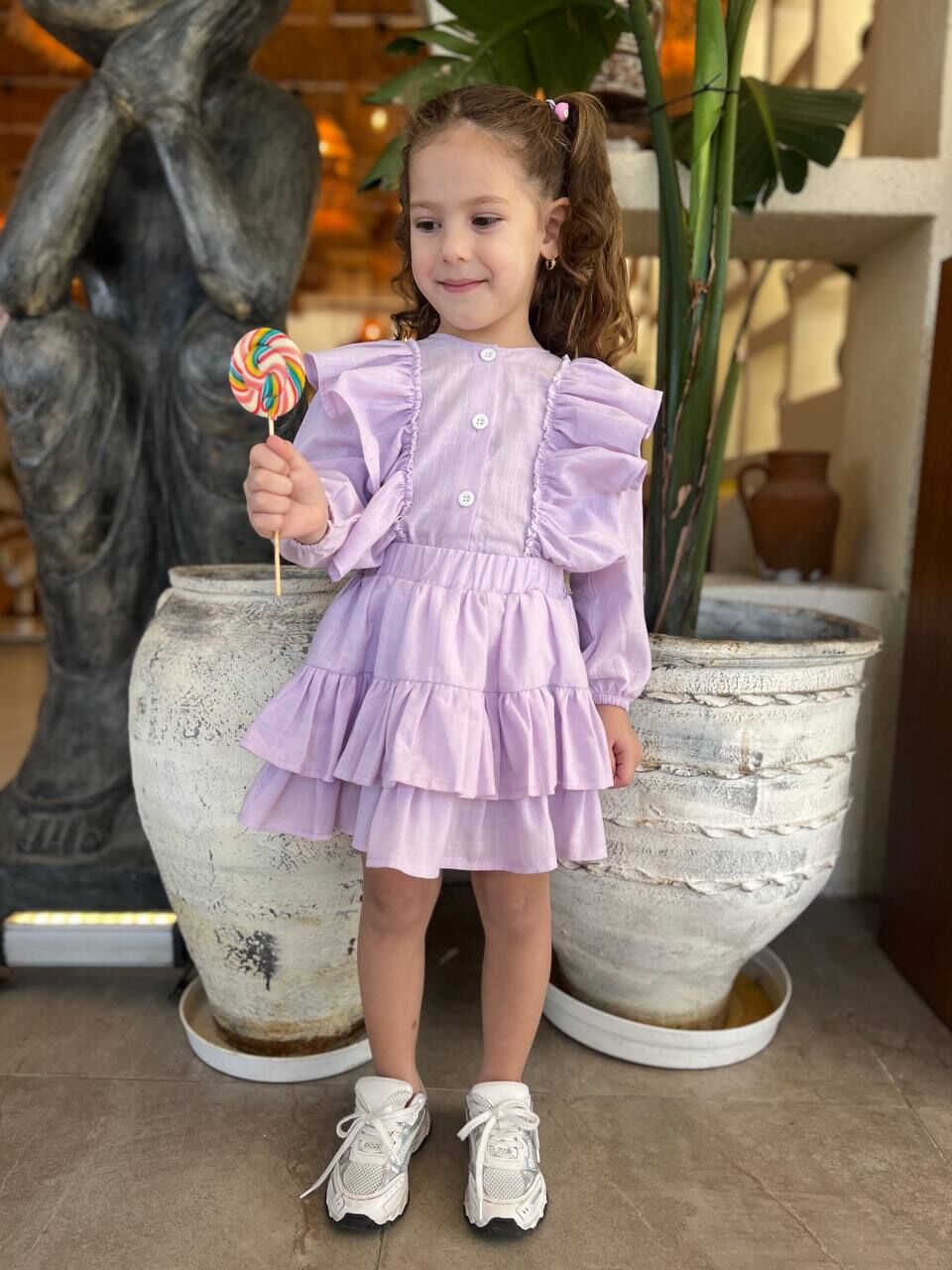 Fırfır detaylı keten takım lila