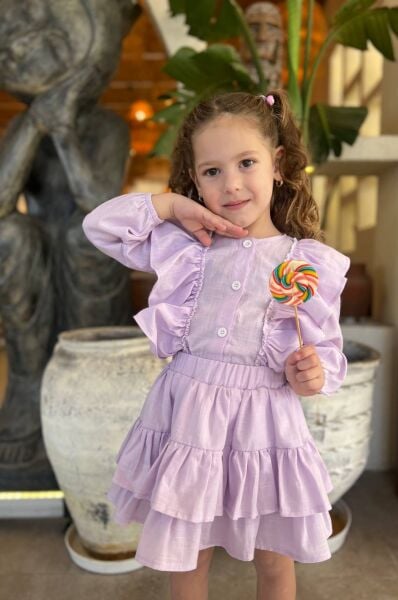 Fırfır detaylı keten takım lila