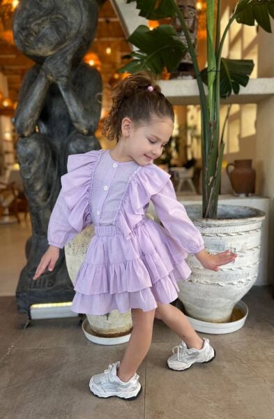 Fırfır detaylı keten takım lila