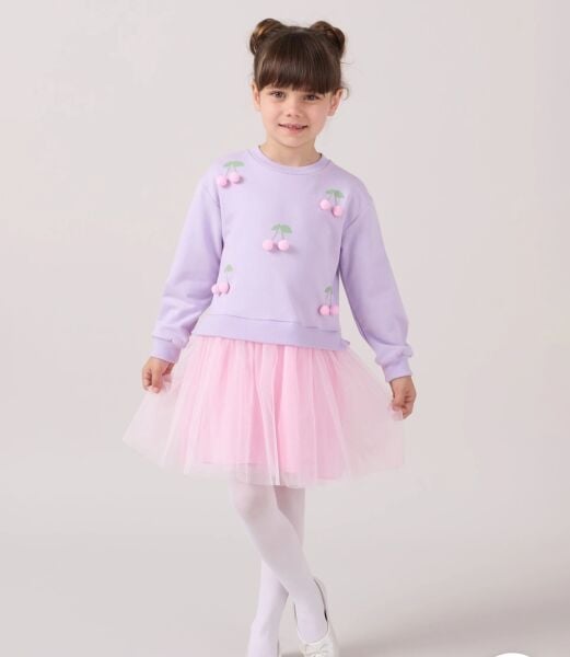 Kiraz aplikeli tüllü elbise lila