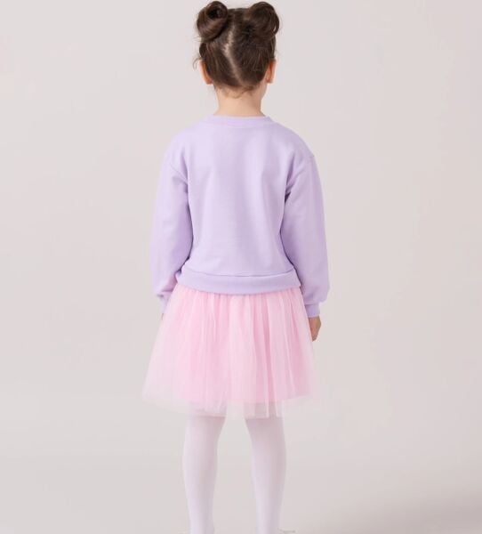 Kiraz aplikeli tüllü elbise lila