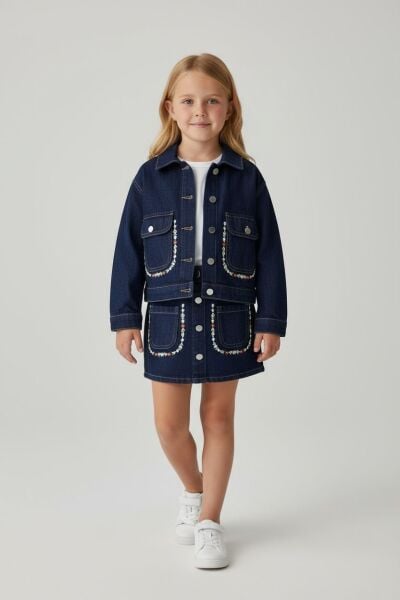 Çiçek nakış işlemeli etekli üçlü takım