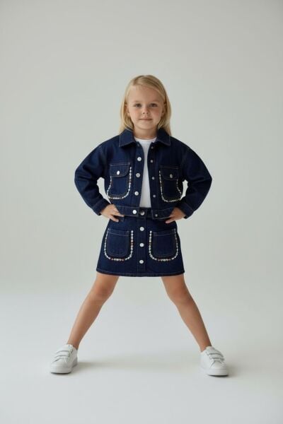 Çiçek nakış işlemeli etekli üçlü takım