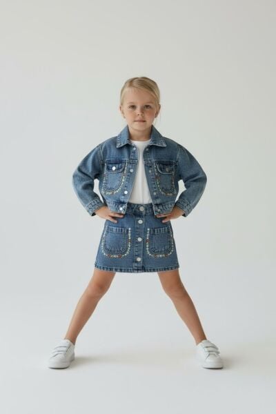 Çiçek nakış işlemeli etekli üçlü takım mavi