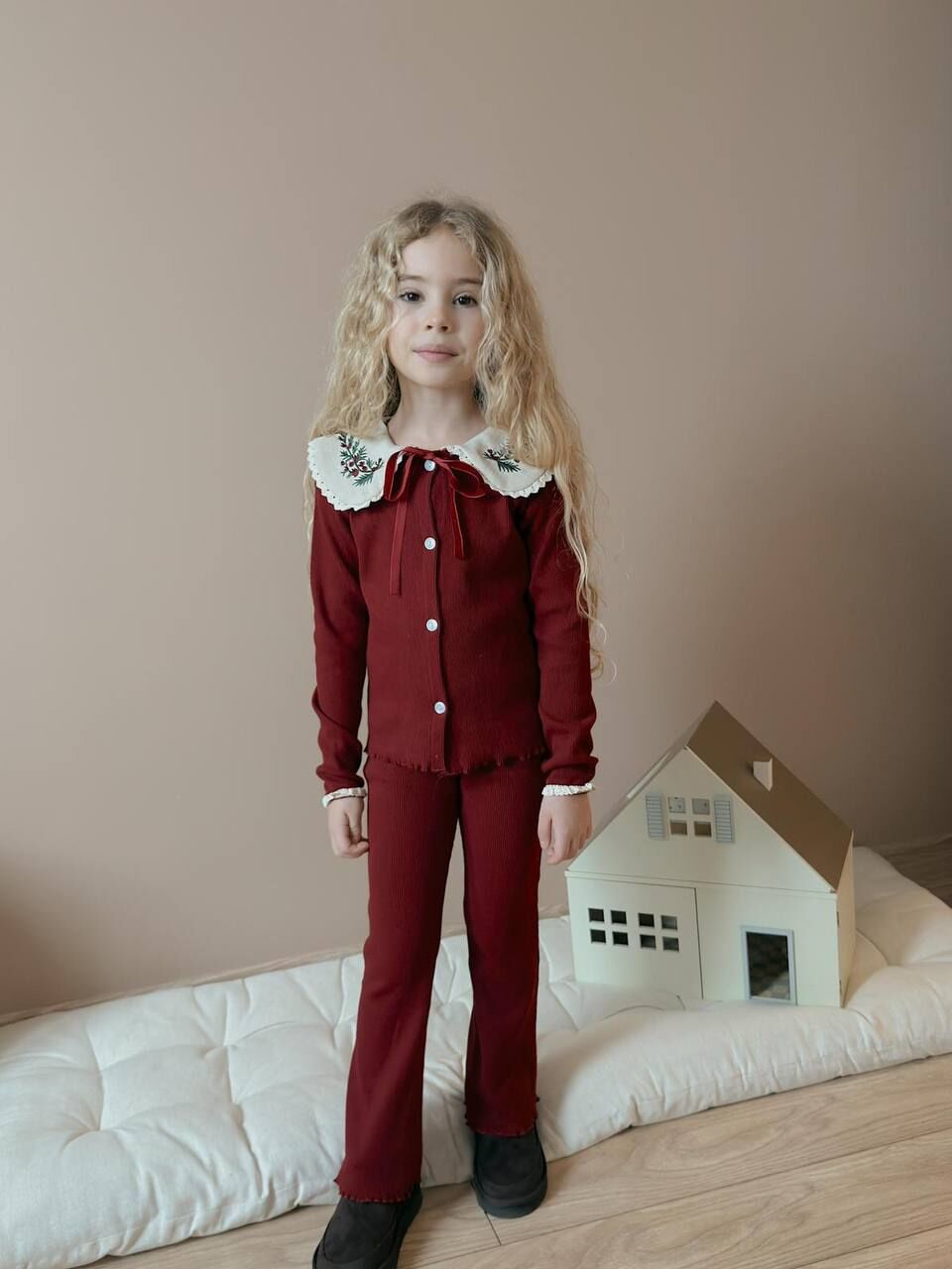 Yaka nakış detaylı kaşkorse takım bordo