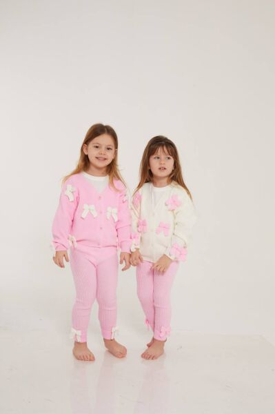 Fiyonk detaylı mevsimlik triko takım Pembe