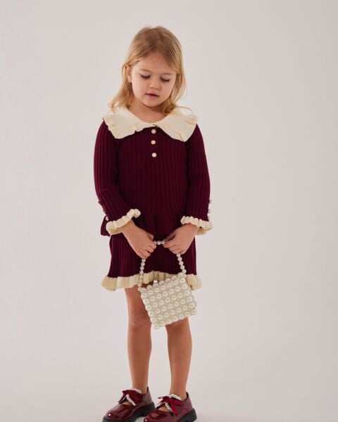 Fırfır detaylı triko takım bordo