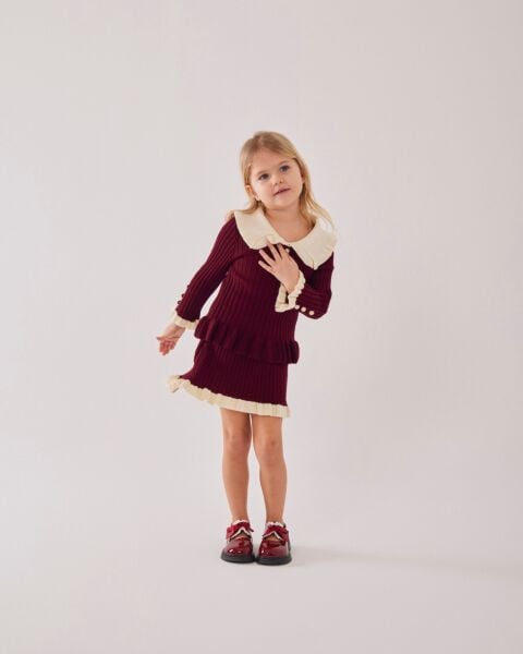 Fırfır detaylı triko takım bordo