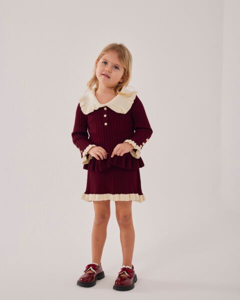 Fırfır detaylı triko takım bordo