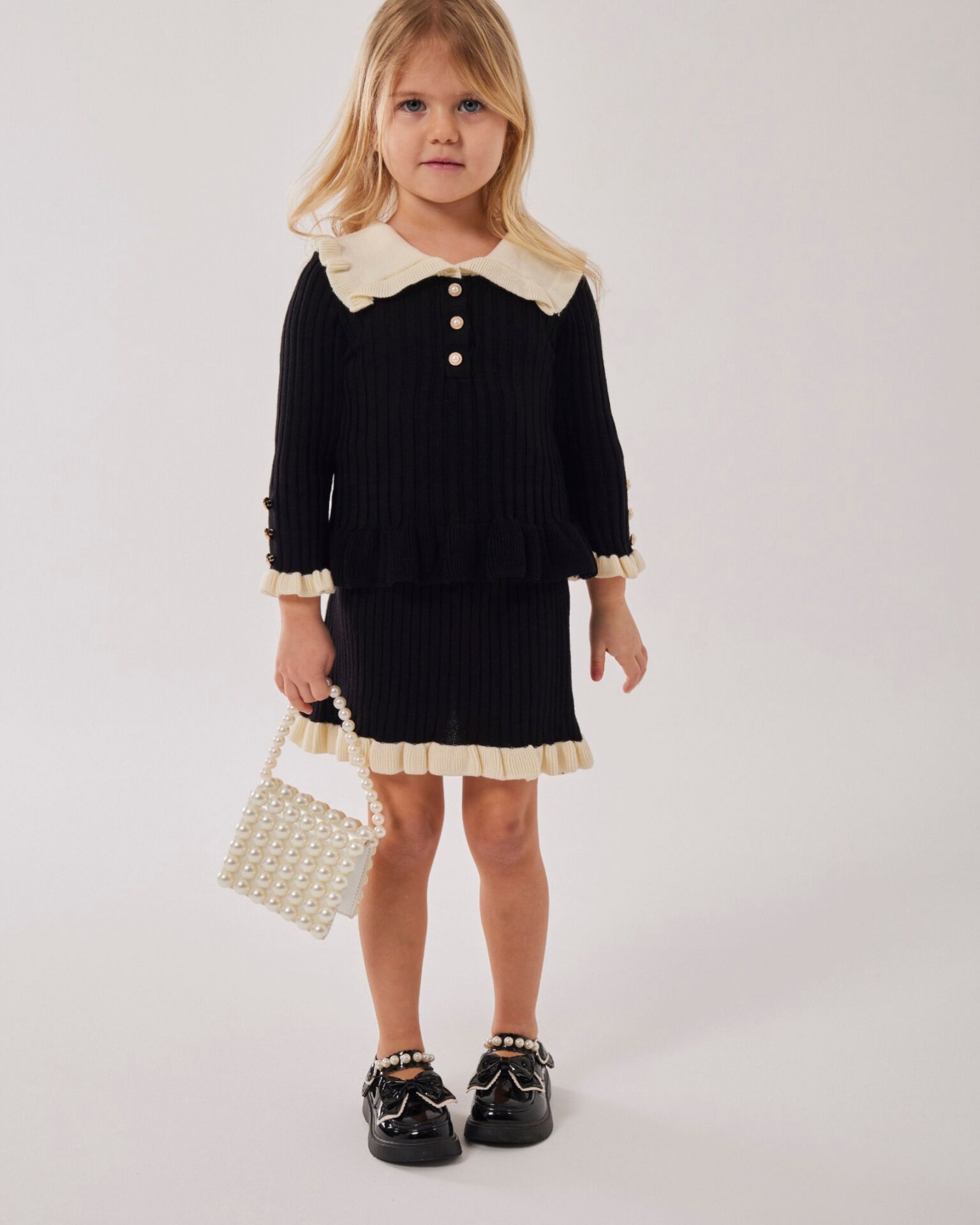 Fırfır detaylı triko takım siyah