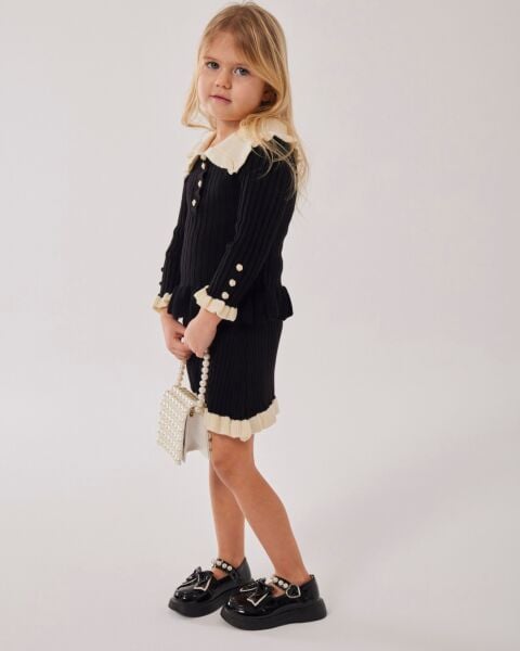 Fırfır detaylı triko takım siyah