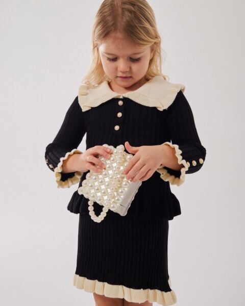 Fırfır detaylı triko takım siyah