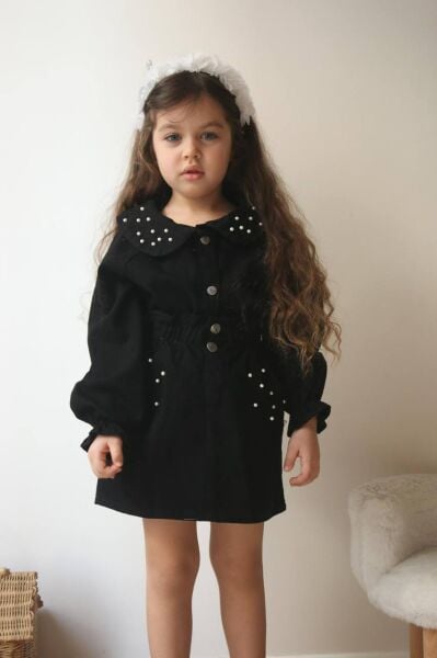 İnci detaylı denim takım siyah