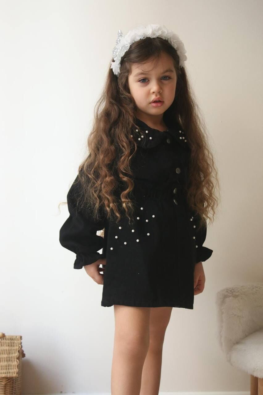 İnci detaylı denim takım siyah