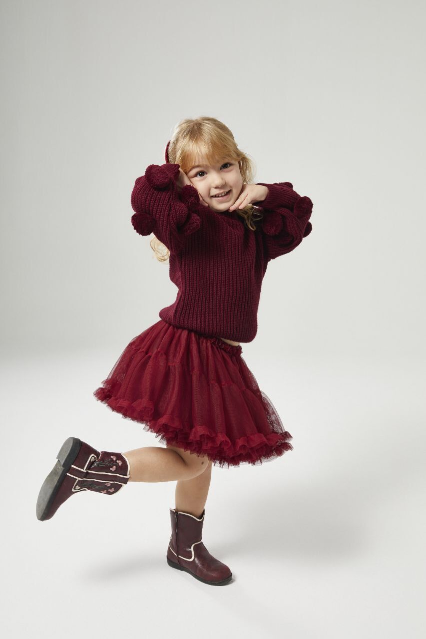 Yeni yıl ponpon detaylı tütü etekli triko takım bordo