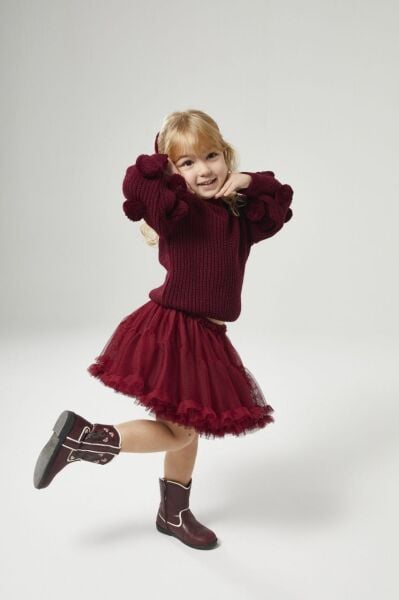 Yeni yıl ponpon detaylı tütü etekli triko takım bordo