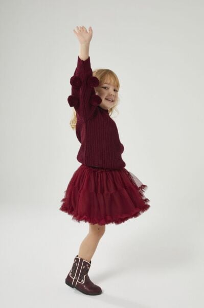 Yeni yıl ponpon detaylı tütü etekli triko takım bordo