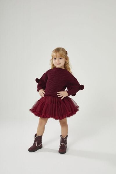 Yeni yıl ponpon detaylı tütü etekli triko takım bordo