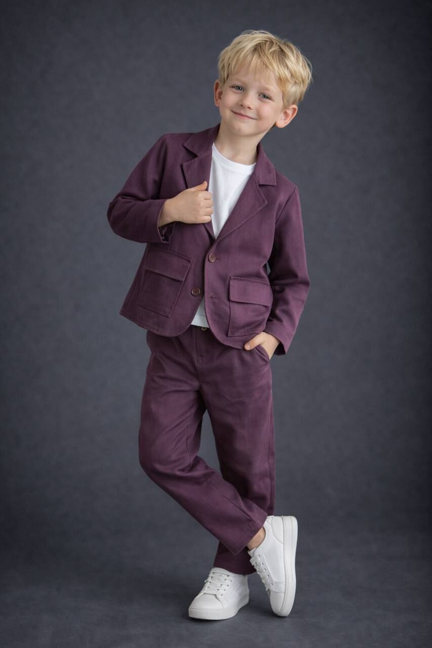 Keten ceketli takım mürdüm