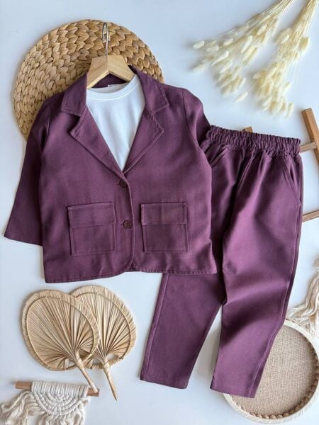 Keten ceketli takım mürdüm