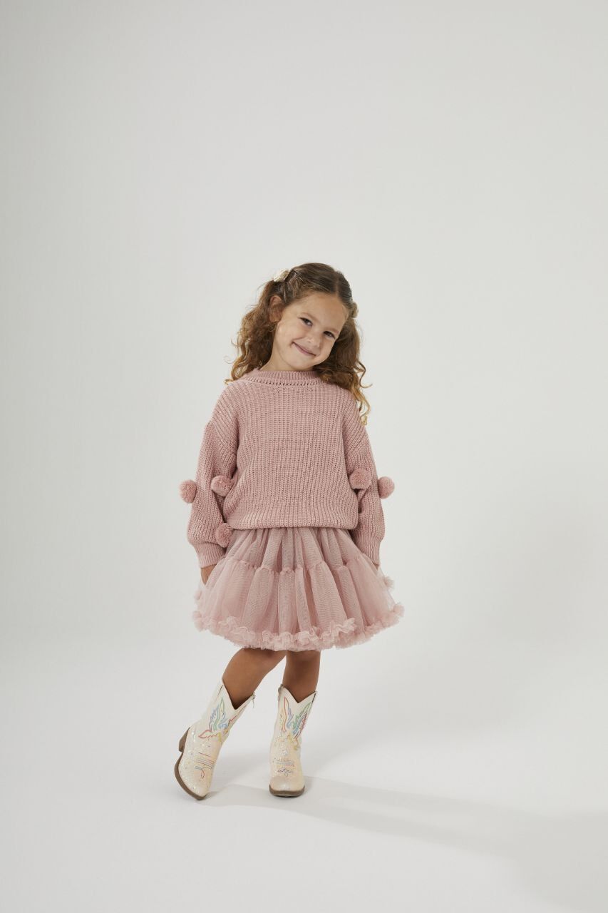 Ponpon detaylı tütü etekli triko takım gül kurusu