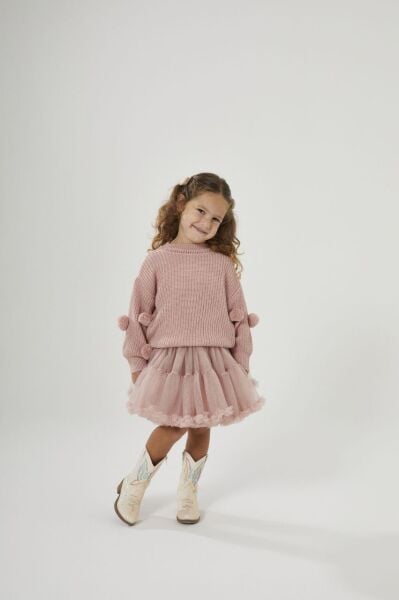 Ponpon detaylı tütü etekli triko takım gül kurusu