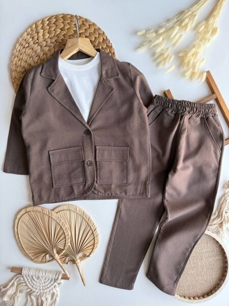 Keten ceketli takım kahve