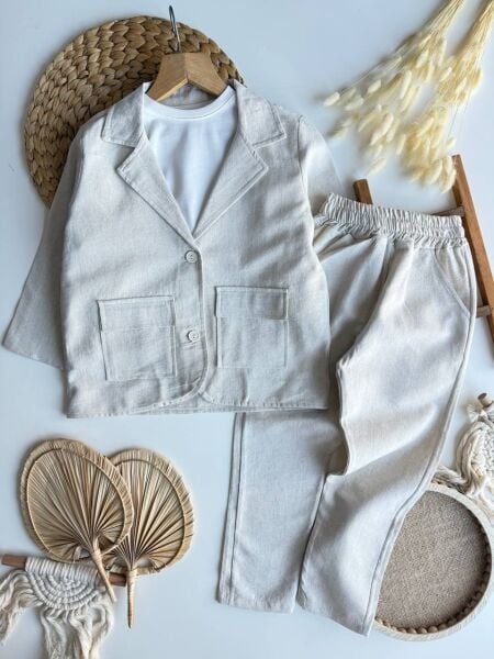 Keten ceketli takım krem