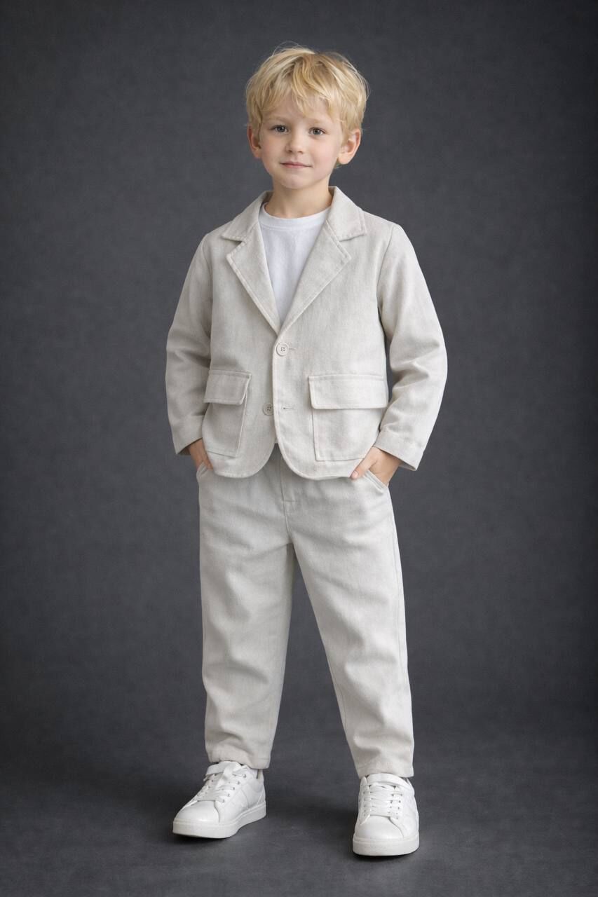 Keten ceketli takım krem