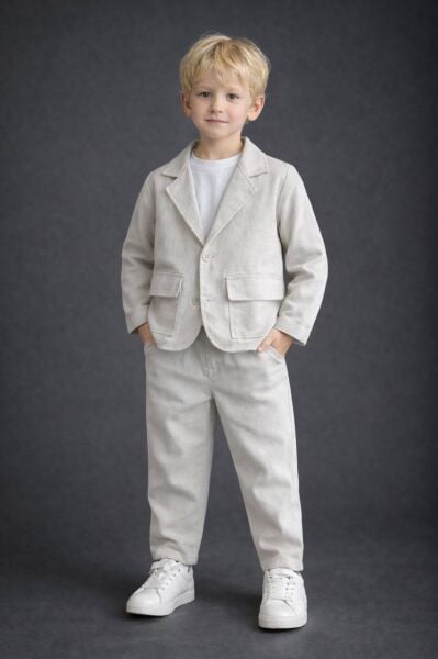 Keten ceketli takım krem